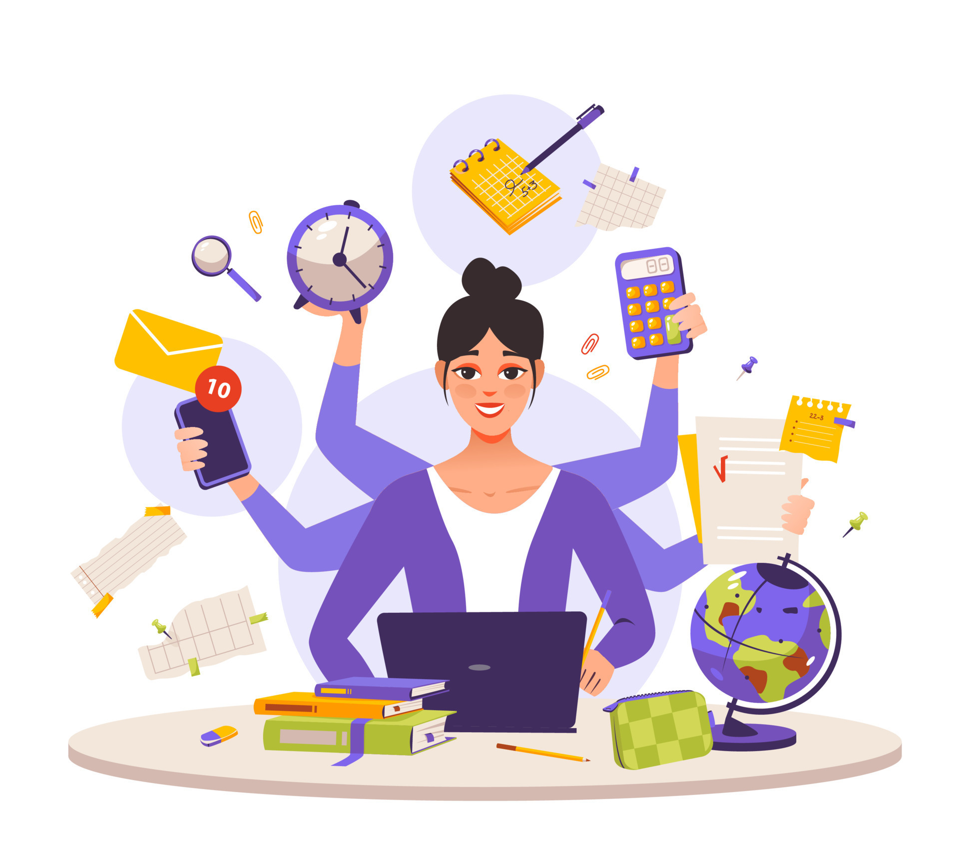 Multitasking personal productivity a multitasking business woman at a laptop busy working in the office a busy girl who has a lot of hands to do multiple tasks at the same time freelance worker vector